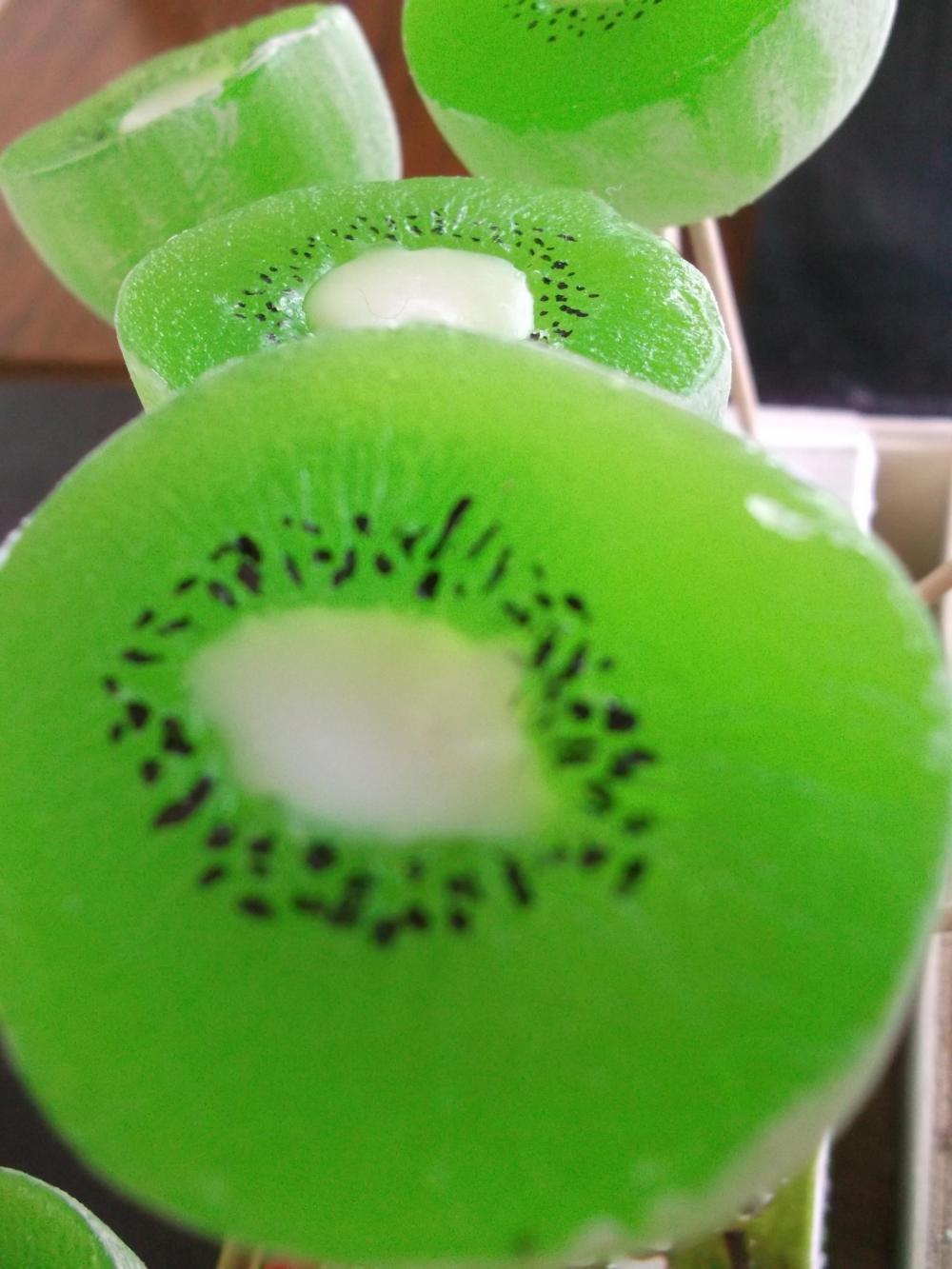 3 Kiwi Fruit Soaps in wooden box. Green, white, seeds, glycerin. Soap Art by Scentcosmetics