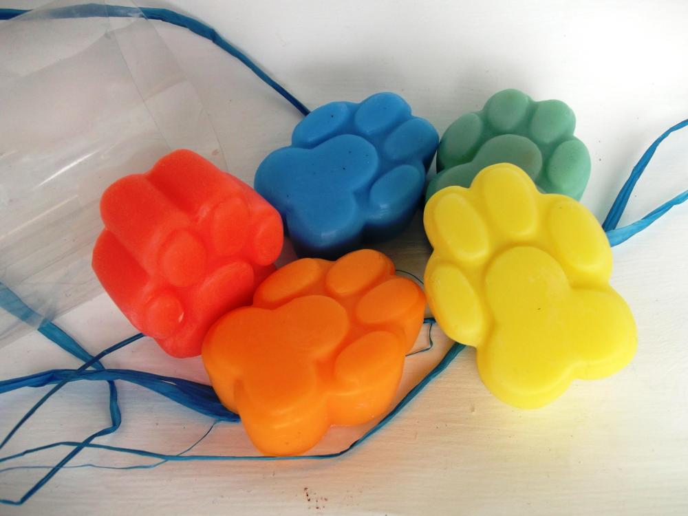 Children's Paw Soaps, red, yellow, blue, green, orange. Soap Art by Scentcosmetics